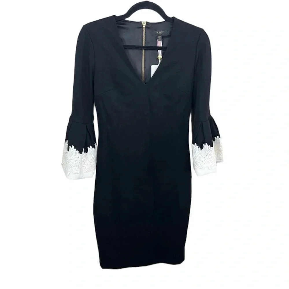 New Ted Baker Rastrel Sheath Dress Black White Bell Sleeve NWT Cocktail XS